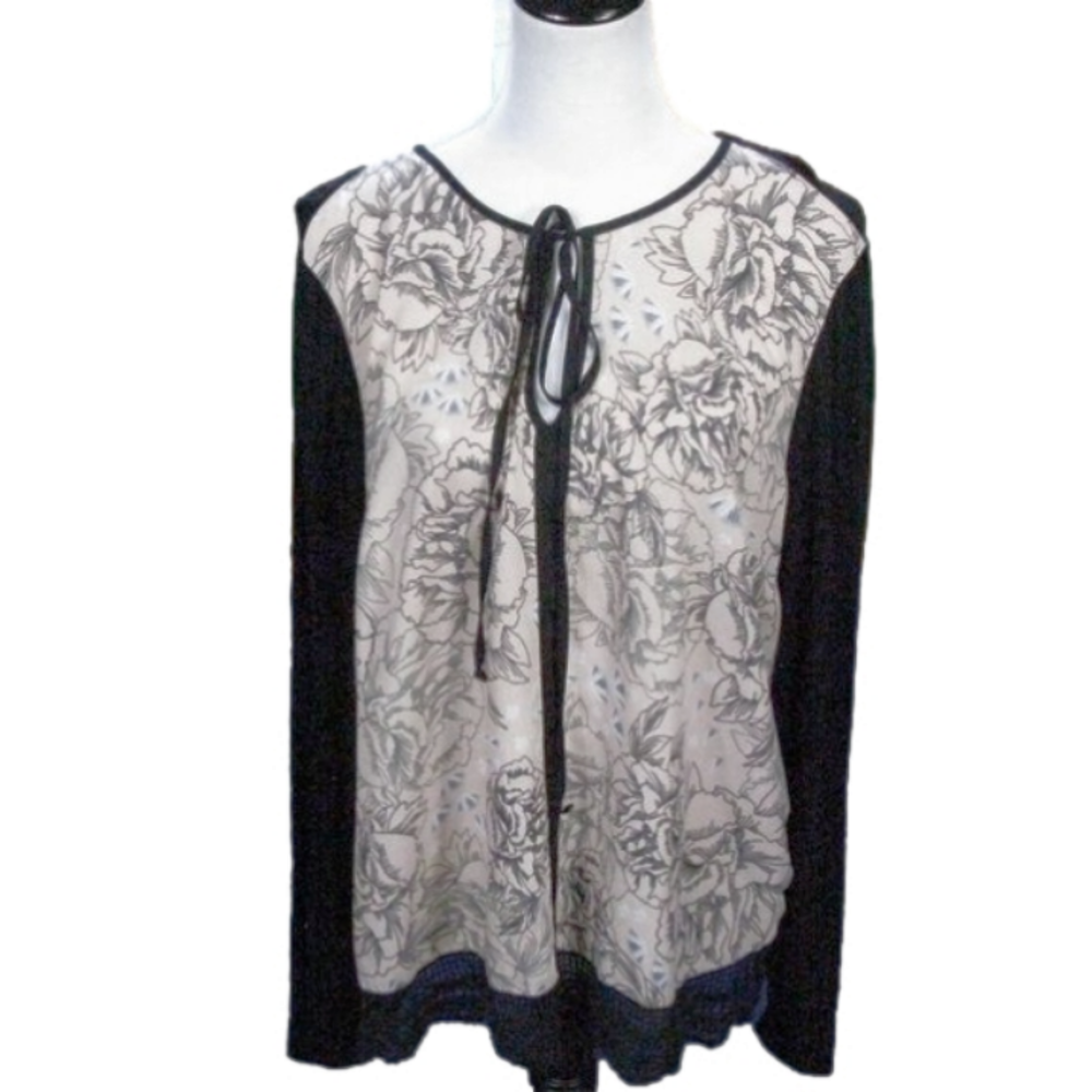 Black Rainn Floral Blouse/Knit Lightweight Long Sleeve Top Size Large